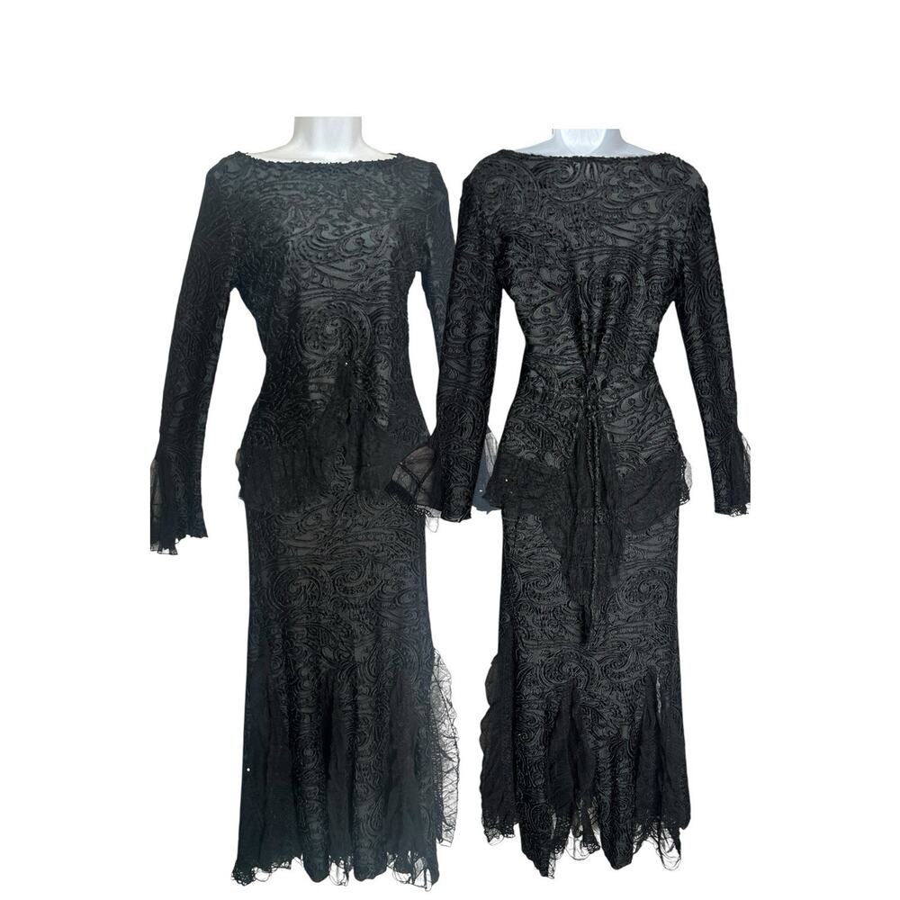 VTG Y2K Black Velvet Burnout Mermaid Skirt & Top Sequin Sheer Flowy Fairy Goth S